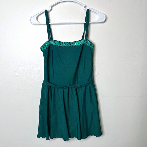 Vintage 60s 70s Roxanne Skirted One Piece Swimsuit Green 12/34C Modest - Picture 1 of 11